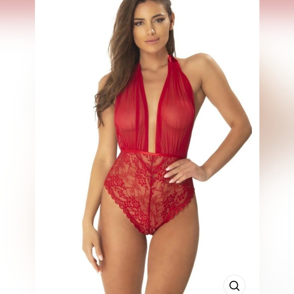 Red bodysuit sheer lace mesh plunge halter teddy lingerie OS